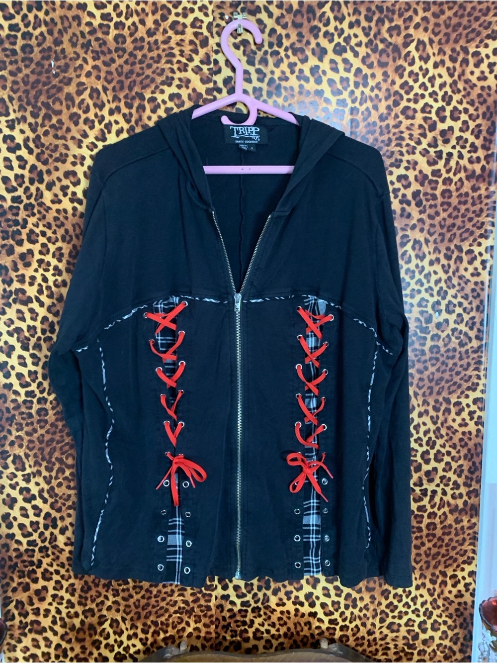 Tripp NYC Black zip up hoodie with Red Lace-Up Front
